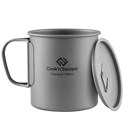 COOK'N'ESCAPE Copa de titanio ultraligera de 450 ml con tapa, taza de café de camping con mango plegable, olla para senderismo al aire libre