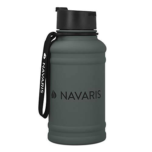 Navaris Botella de Agua de Acero Inoxidable - Cantimplora de Metal de 1.3 L - Garrafa para Bebidas para Deporte Camping Gimnasio Yoga - Gris Oscuro