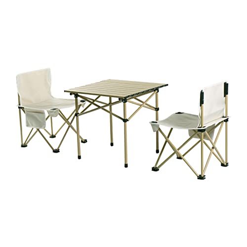 PUCHIKA Mesa de camping plegable, juego con 2 sillas y bolsa de transporte, 53 x 51 x 50 cm, mesa de viaje de aluminio para 2 personas, mesa plegable para exteriores, color verde oliva y blanco.
