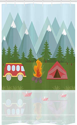 ABAKUHAUS Camper Cortina para baño, Tienda de campaña Caravana de Dibujos Animados, Tela con Estampa Digital Apta Lavadora Incluye Ganchos, 120 x 180 cm, Multicolor