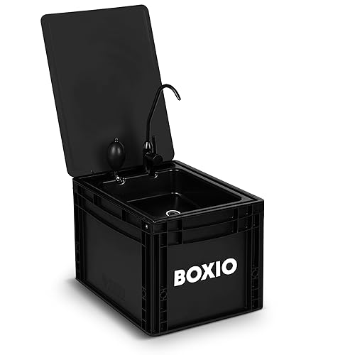 BOXIO Lavabo móvil con bomba de mano, fregadero para furgoneta, camping, jardín, fregadero con grifo, plástico, negro