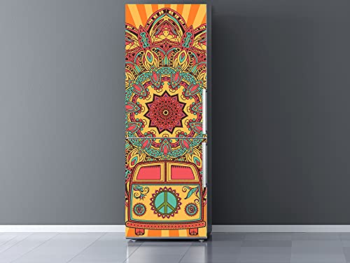 Oedim Vinilo Frigorífico Furgoneta Hippie con Mandala Variocolor, Vinilo Decorativo para neveras, decoración para cocinas, Pegatina Nevera