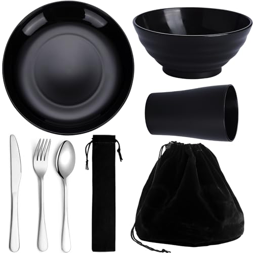 Kyraton Juego de cubiertos de camping de 6 piezas, vasos, platos y cuencos de plástico y cubiertos de acero inoxidable con bolsa negra, apto para camping de 1 persona, apto para lavavajillas