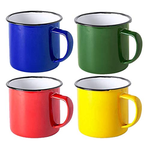 FUN FAN LINE - Set de tazas metálicas vintage, retro o camping - Ideal para casa, viaje o acampada. Para café, té o jugos. 4 Colores: Amarillo, Azul, Rojo y Verde