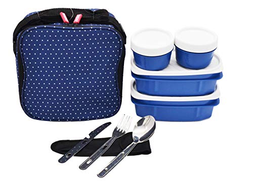 Bolsa térmica para llevar alimentos con 4 tapers + juego de cuchillo, tenedor y cuchara ideal para camping y llevar al trabajo.