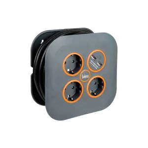Solera Carrete de Cable USB 3 Enchufes 5M - Enrollador de Energía para Camping y Outdoor